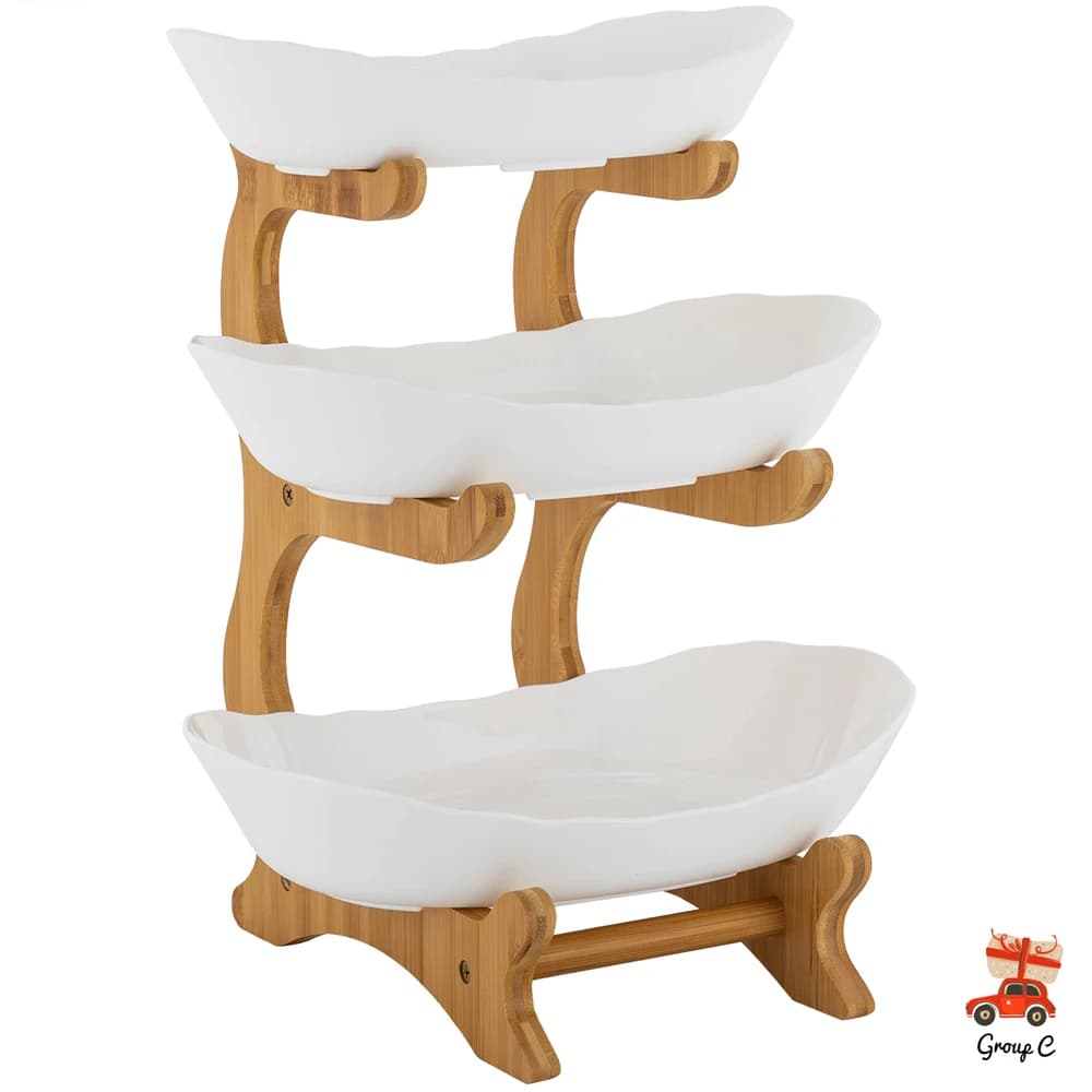 3-Tier White Fruit Plates W| Stand, Snack Dessert Cake Tray Plate Rack Fruit Stander W| Bamboo Wood Stand for Party Wedding