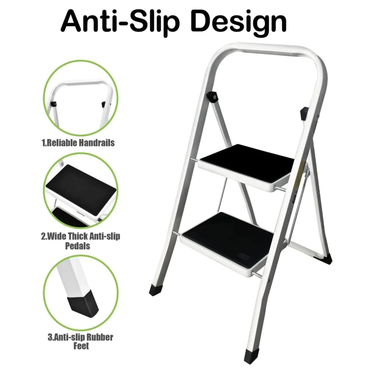 BRIEFNESS Folding 2 Step Stool Portable Step Ladder Home Kitchen Lightweight Ladder Steel Step Ladder Tread Pad