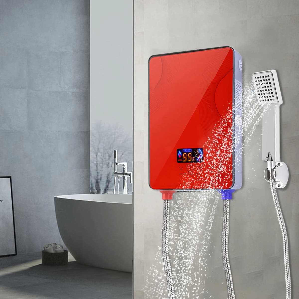 Electric Water Heater, Adjustable Temperature Range 86-131°F – Durable ABS Body, Red, 6500W, 220V, Water Heater