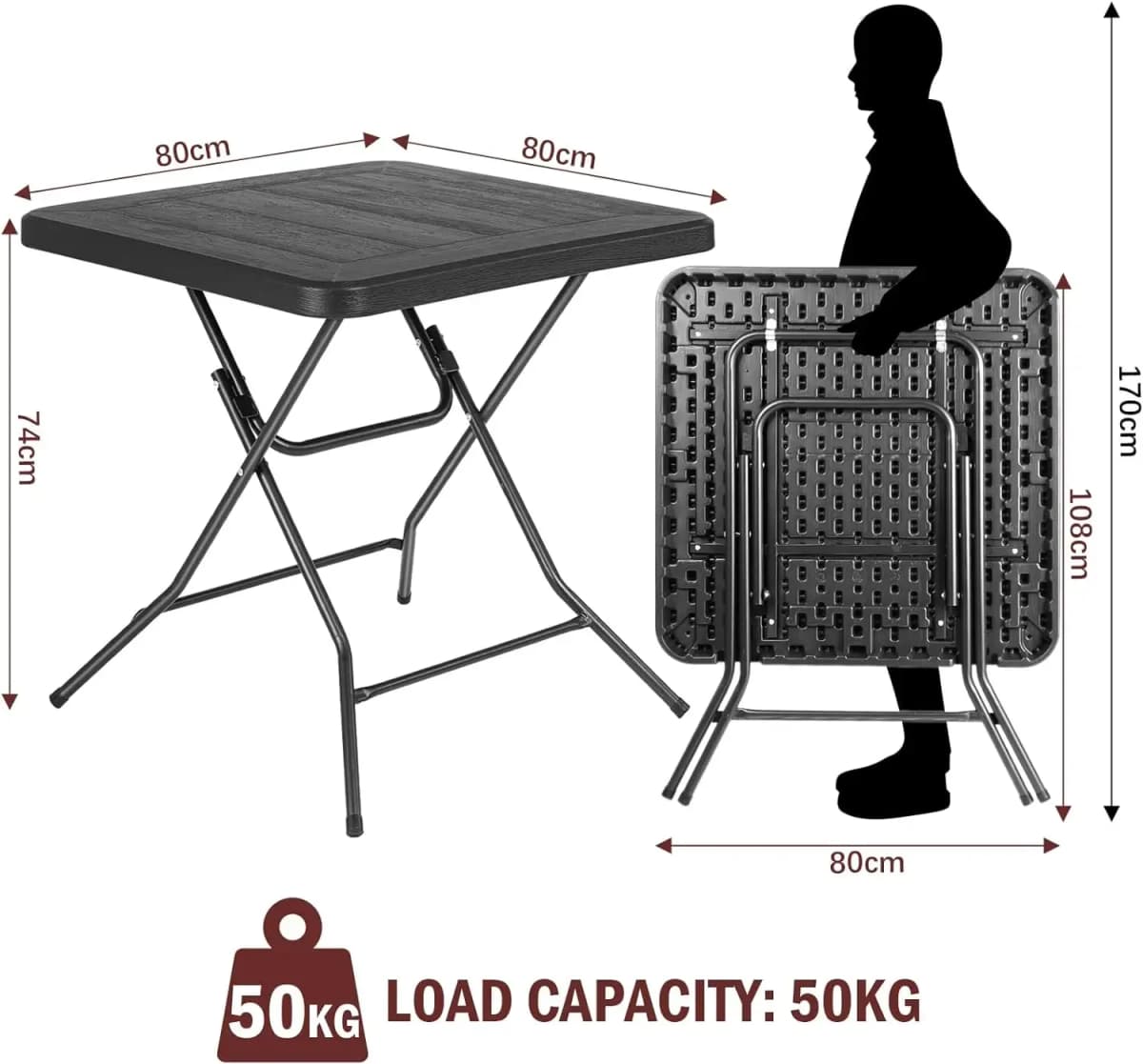 Waterproof Garden Table, Folding Table 80*80*74cm, Balcony Table with Steel Frame, Thicken HDPE, for Party Kitchen Living Room
