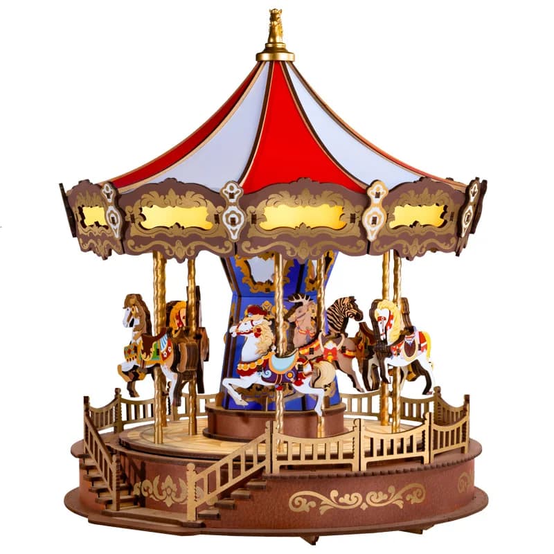 Robotime Rolife Classic Carousel Music Boxes Easy Assemble 3D Wooden Puzzle Moveable Design with Light Xmas Gifts for Family