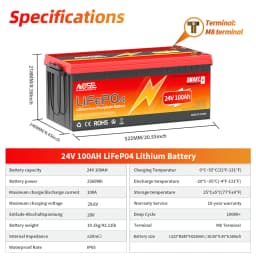 MOSEWORTH 24V 100Ah LiFePO4 Battery Pack Lithium Iron Phosphate Batteries Built-in Bluetooth BMS 8000+ Cycles For Solar Boat