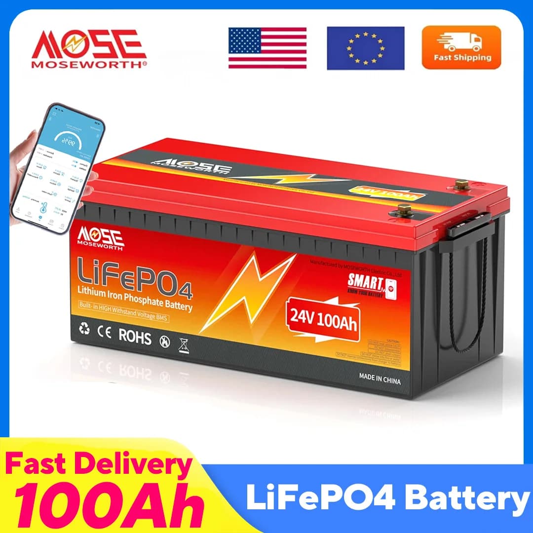MOSEWORTH 24V 100Ah LiFePO4 Battery Pack Lithium Iron Phosphate Batteries Built-in Bluetooth BMS 8000+ Cycles For Solar Boat