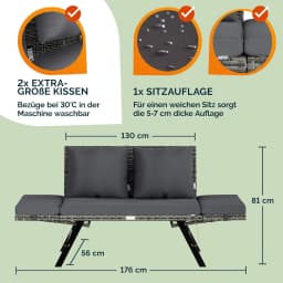 Garden Bench Two-Seat Adjustable Armrests with Dark Gray Removable Weather Resistant Cushions - Outdoor Furniture, Patio