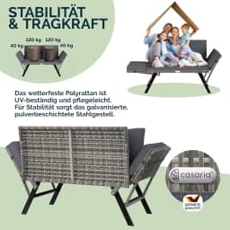 Garden Bench Two-Seat Adjustable Armrests with Dark Gray Removable Weather Resistant Cushions - Outdoor Furniture, Patio
