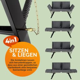 Garden Bench Two-Seat Adjustable Armrests with Dark Gray Removable Weather Resistant Cushions - Outdoor Furniture, Patio