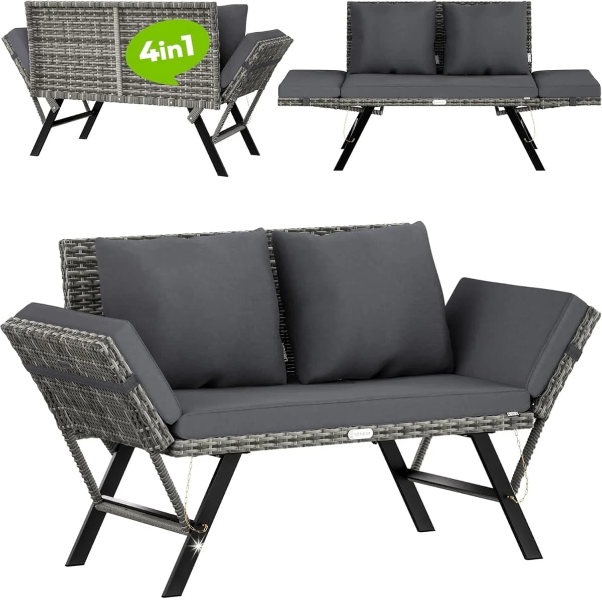 Garden Bench Two-Seat Adjustable Armrests with Dark Gray Removable Weather Resistant Cushions - Outdoor Furniture, Patio