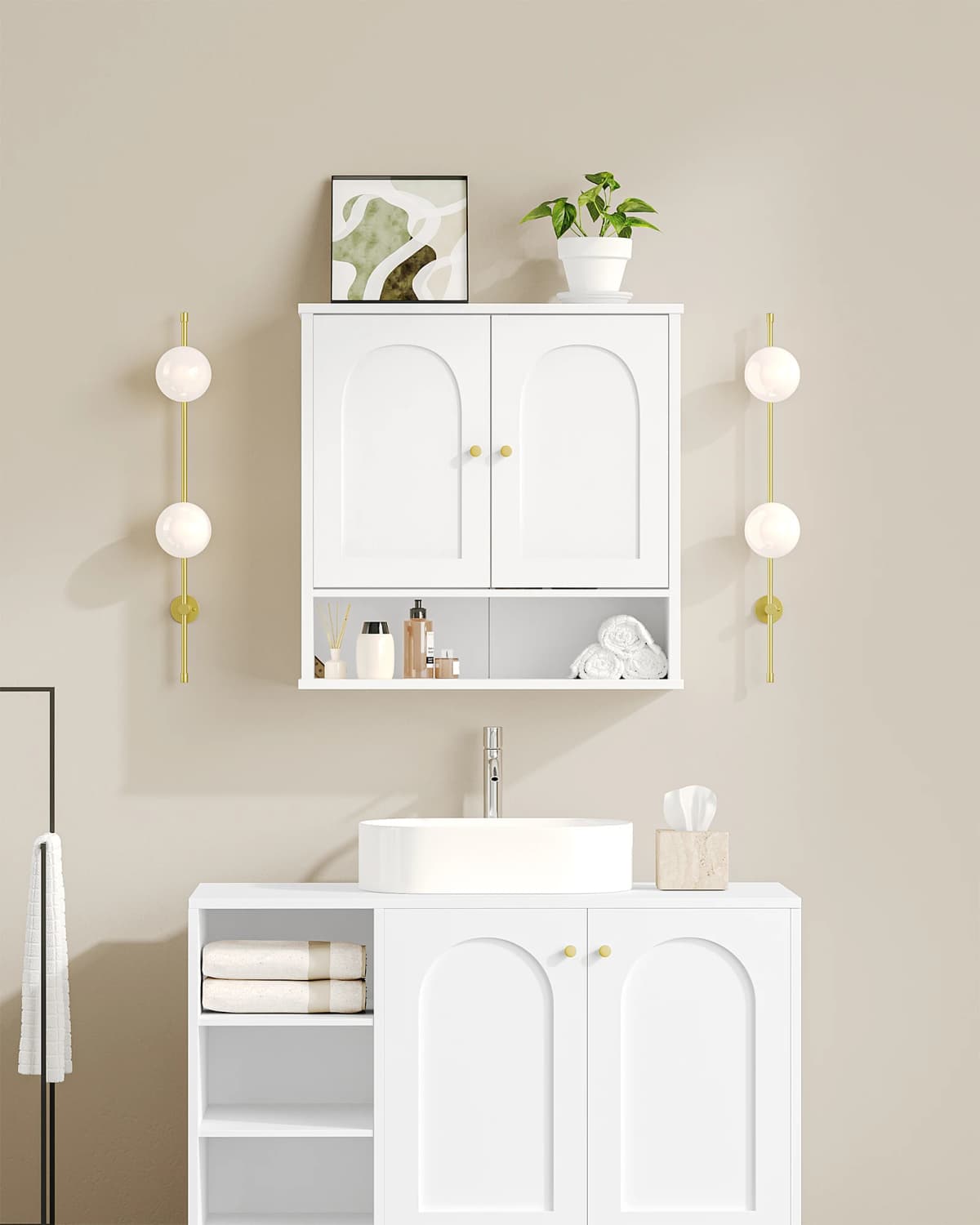 Wall Cabinet, Bathroom Cabinet, Wall Cabinet for Toilet and above Sink, with 2 Doors, Open Space, White with Wood Grain