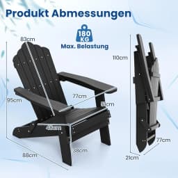 Adirondack Folding Chair, Weatherproof Plastic Adirondack Chair, Garden Chair with High Backrest & Wide Armrests for Garden