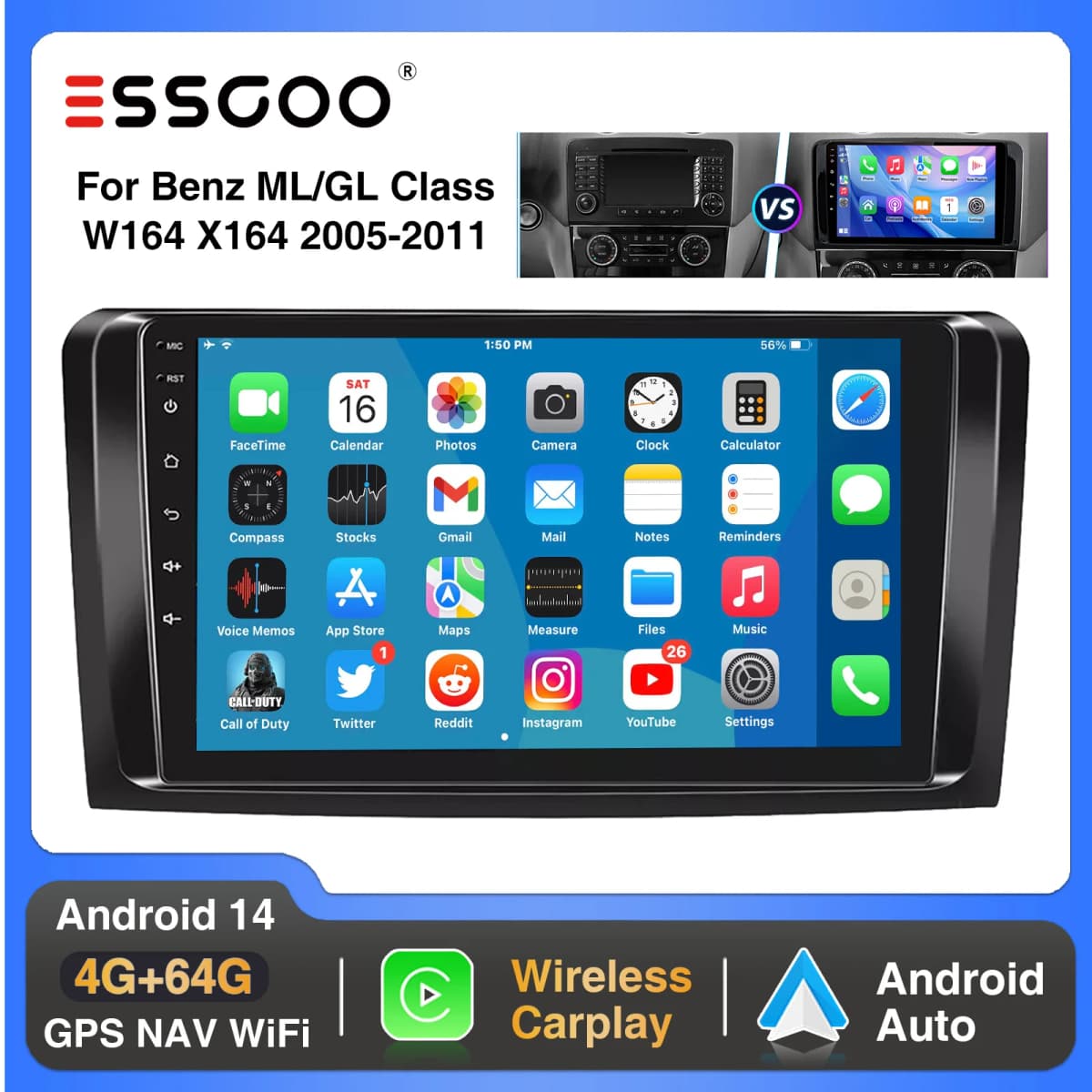ESSGOO Android 14 9" Car Stereo Radio Carplay For Mercedes Benz ML/GL Class W164 X164 2005-2011 GPS Navi RDS Multimedia Player