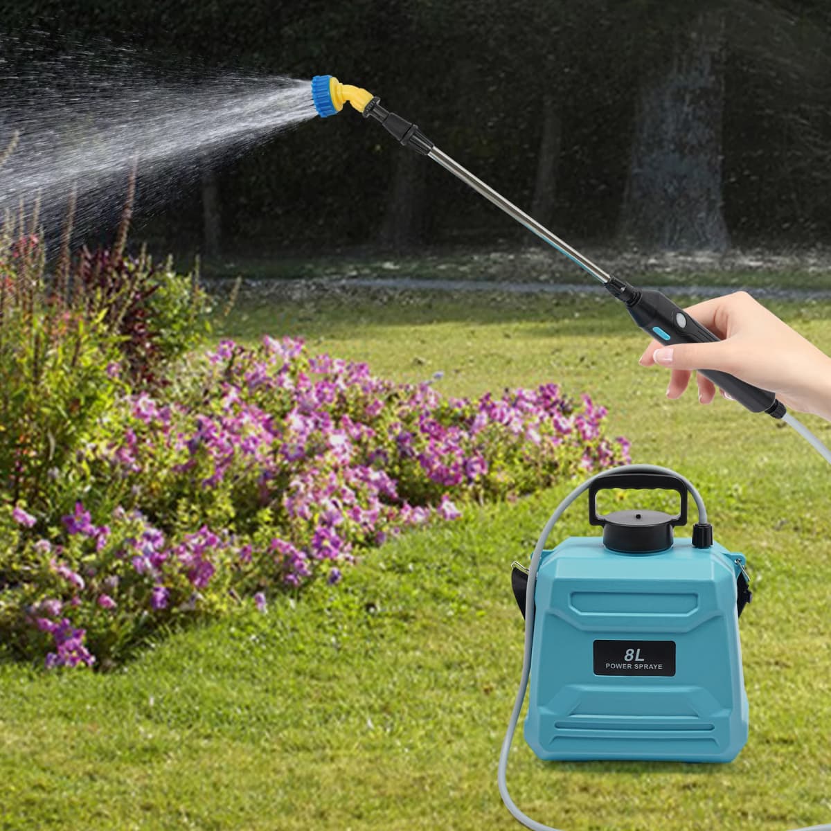 8L Blue Electric Spray Watering Can Plastic Copper 18650 Lithium Battery For Indoors And Outdoors Watering Or Spraying Plants