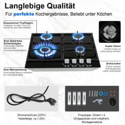 58cm Gas Hob | 4 Burner Dual Fuel (NG/LPG) 8060W Auto Flame Shut-off & Tempered Glass Surface | Built-in/Freestanding 220-240V