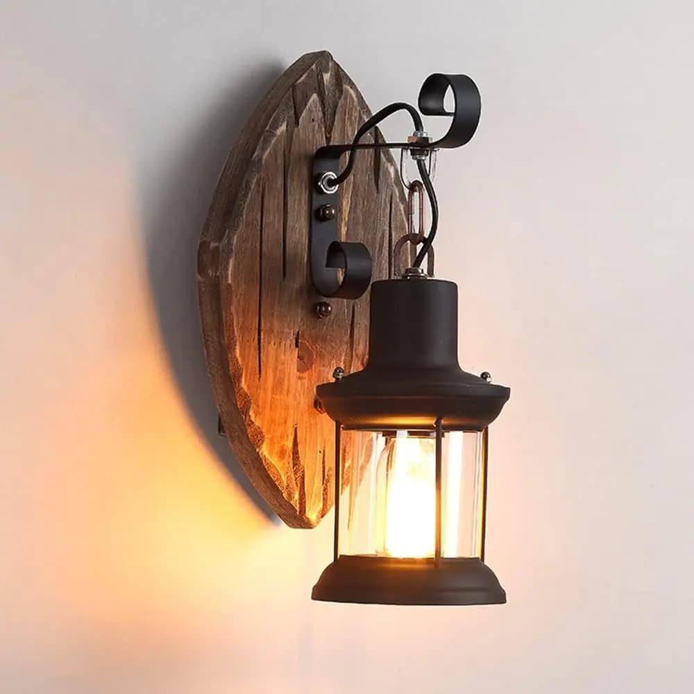 Retro Wall Lamp Wooden Creative Vintage Wall Lights Art Lantern E27 Glass Wall Lamp Metal Wall Light 230 x 360 mm
