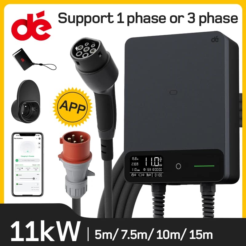 dé Wallbox 11kW with Tuya APP 5m 7.5m 10m 15m Charging Cable CEE to Type 2 16A Electric Vehicle Charger Plug & Play LED Screen