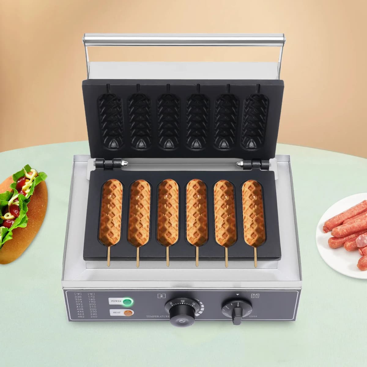 1500W Hot Dog Machine,6 Molds,with Time and Temp Control Non-stick Waffle Maker Upper and Lower Heating Plates EU 220V