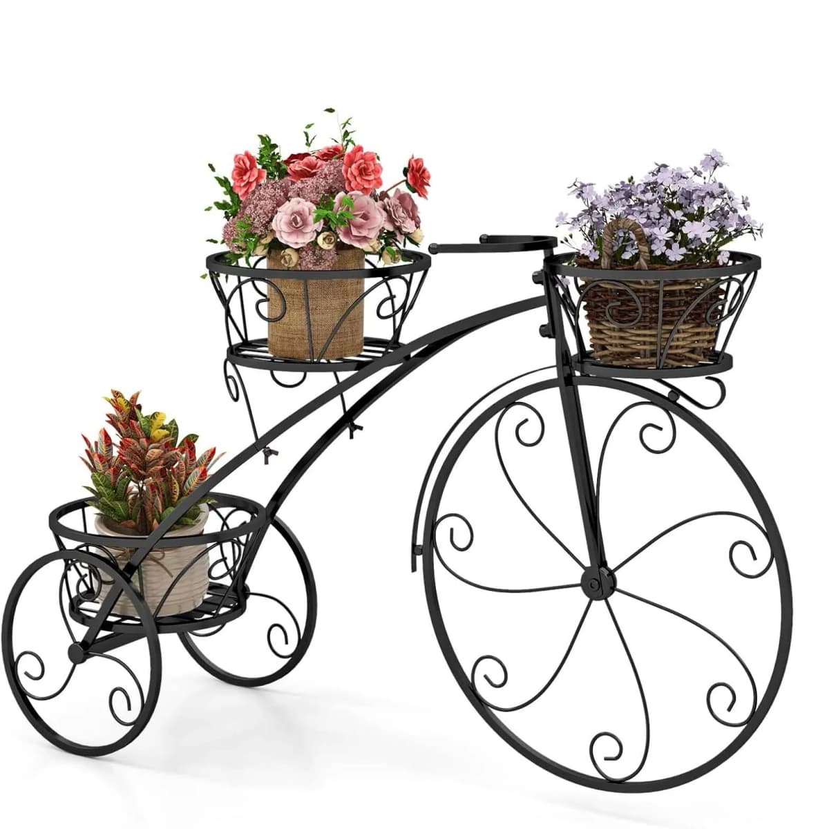 Metal Plant Stand, Bicycle Design, Flower Rack with 3 Baskets, Flower Stand , Flower Wheel Plant Rack Retro(Black)