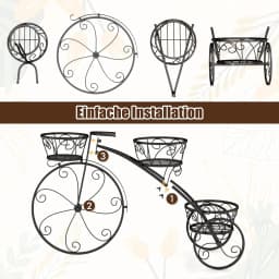 Metal Plant Stand, Bicycle Design, Flower Rack with 3 Baskets, Flower Stand , Flower Wheel Plant Rack Retro(Black)