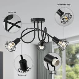 Industrial 3-Light Aluminum Ceiling Lamp Black Cage Design Indoor Lighting for Kitchen Hall Living Room Bedroom