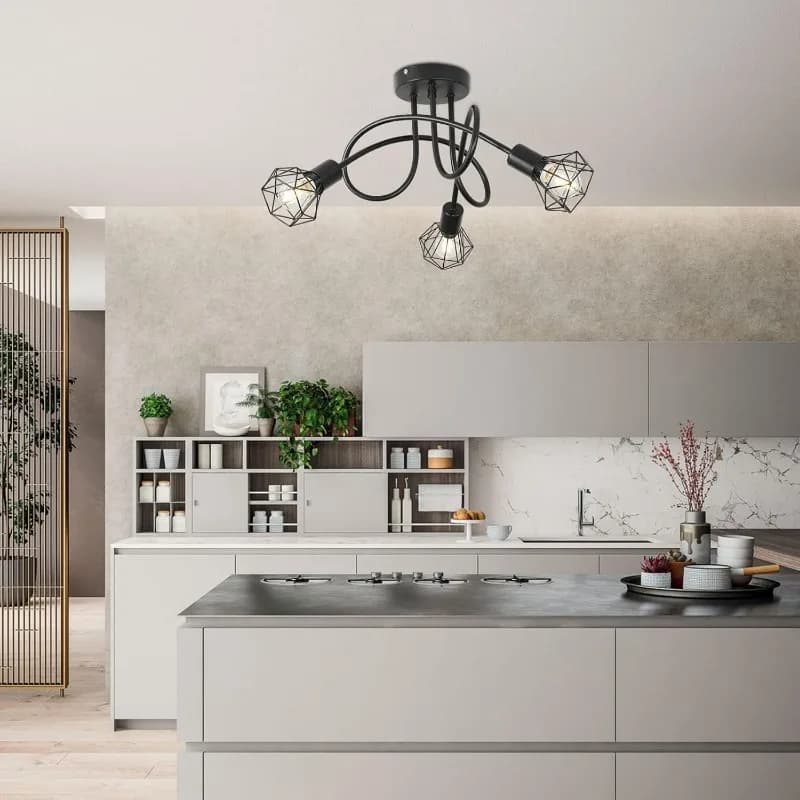 Industrial 3-Light Aluminum Ceiling Lamp Black Cage Design Indoor Lighting for Kitchen Hall Living Room Bedroom