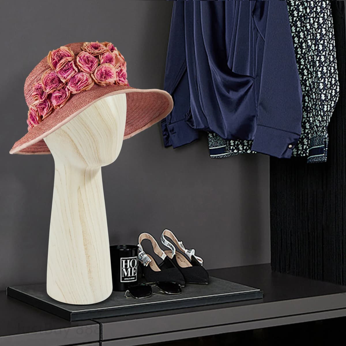 Wood Grain Mannequin Head Wig Display Stand Fiberglass Dummy Model for Salon Hat Cap Styling Training