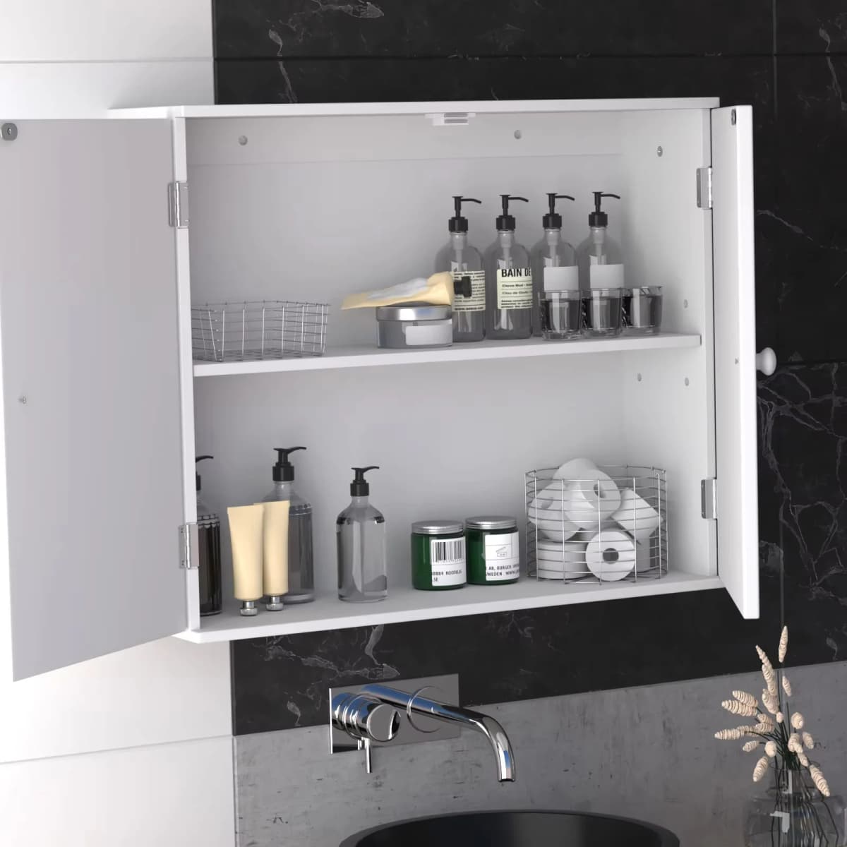 BRIEFNESS Bathroom cabinet Bathroom wall cabinet Kitchen storage cabinet with double doors and adjustable shelves White