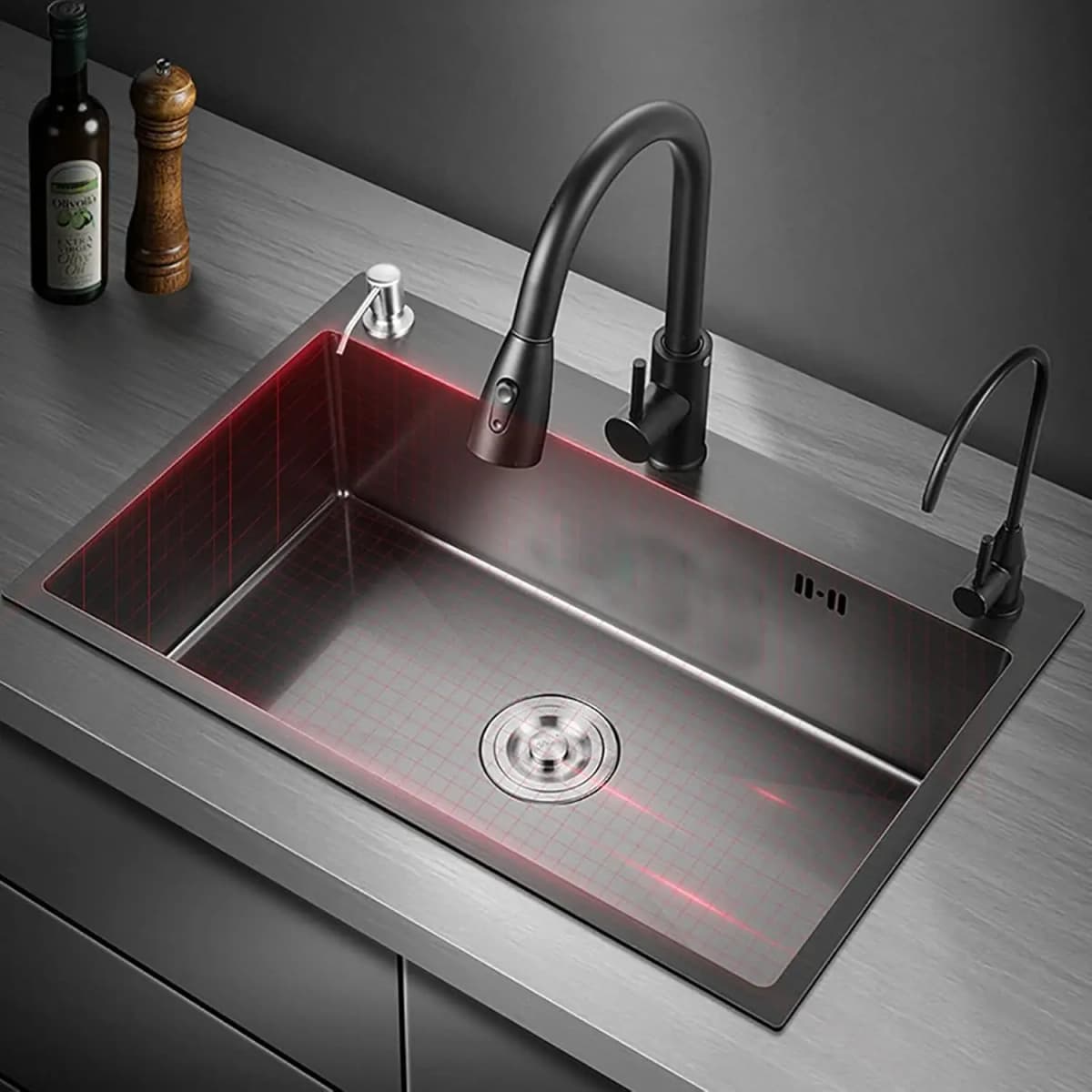 Black Sink, Stainless Steel Built-in Sink, Kitchen Sink, Rectangular Sink with Soap Dispenser and Water Hose, 45 x 50 cm
