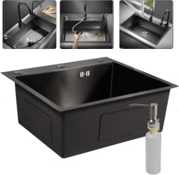 Black Sink, Stainless Steel Built-in Sink, Kitchen Sink, Rectangular Sink with Soap Dispenser and Water Hose, 45 x 50 cm