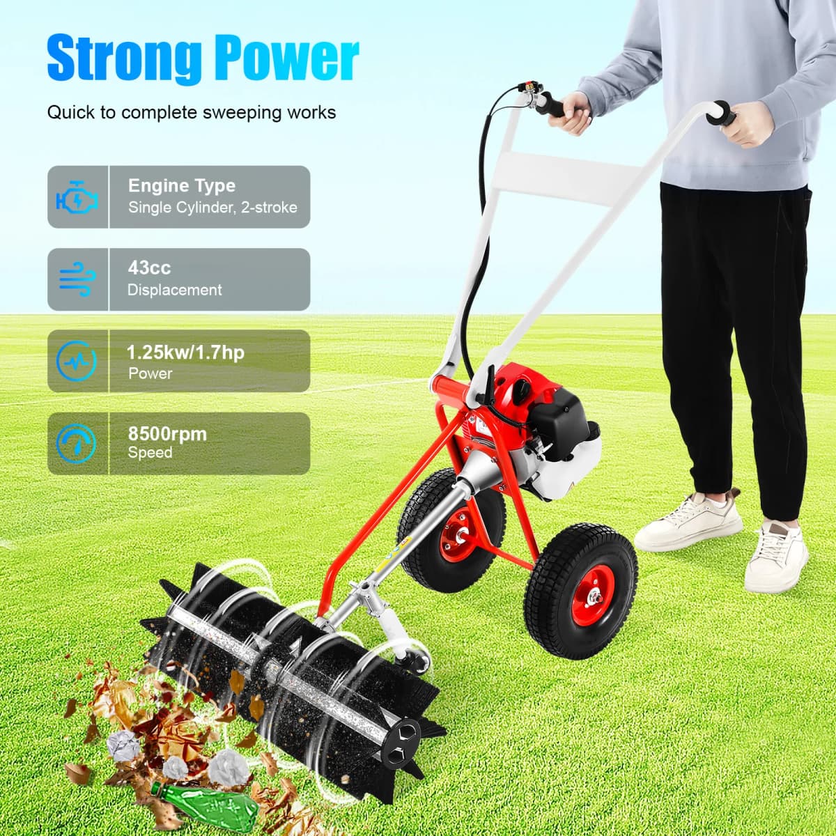 1.7hp Horsepower Lawn Yard Sweeper with Goggles 2 Large Wheels 23.62in Sweeping Width Leaf Blower for Sweep Leaves 