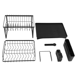 Dish Drainer Kitchen Countertop Dish Drying Rack Cutlery Holder with Spout and Draining Tray--Black/White