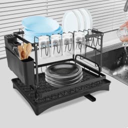 Dish Drainer Kitchen Countertop Dish Drying Rack Cutlery Holder with Spout and Draining Tray--Black/White