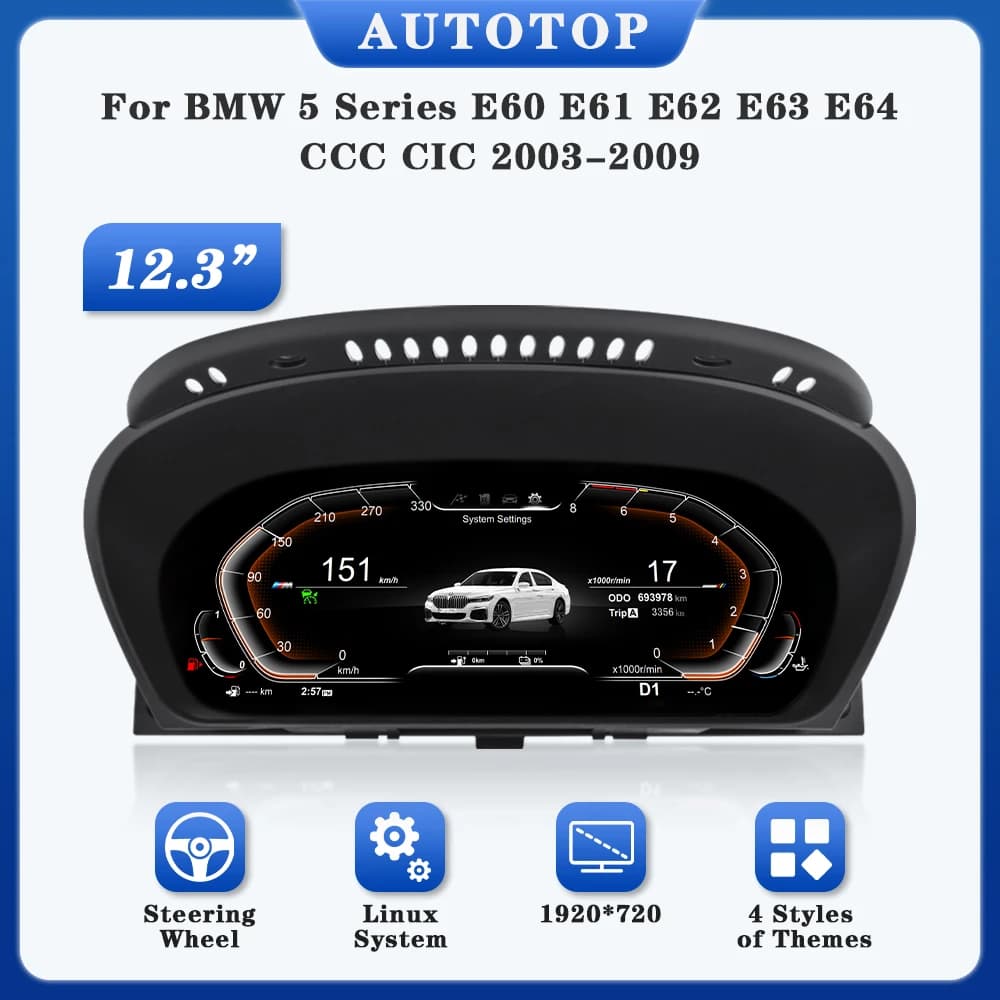 AUTOTOP 12.3" LCD IPS Digital Dashboard For BMW 5 Series E60 E61 E62 E63 E64 2003-2009 CCC CIC Car Digital Instrument Cluster