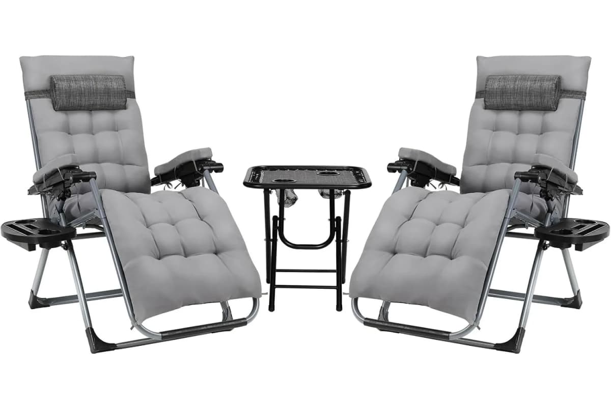 Sun Lounger and Folding Table Set 3Pcs, Folding Garden Lounger Outdoor Chair with Removable Seat Cushion, Load Capacity 160Kg