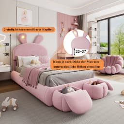 Children's Bed 90x200cm Upholstered Single Bed with Wooden Slats,Two Storage Stools,Rabbit Ear Design with LED Light,Velvet