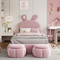 Children's Bed 90x200cm Upholstered Single Bed with Wooden Slats,Two Storage Stools,Rabbit Ear Design with LED Light,Velvet