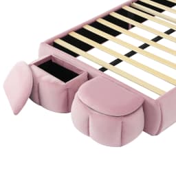 Children's Bed 90x200cm Upholstered Single Bed with Wooden Slats,Two Storage Stools,Rabbit Ear Design with LED Light,Velvet