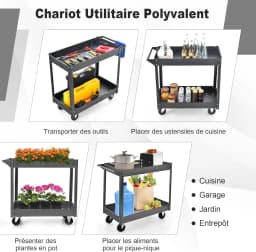 2 Shelves 50 kg Load Trolley, Metal Workshop Trolley with 4 Wheels & 2 Brakes, for Workshop Garage Home, 85x41x79 cm