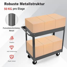 2 Shelves 50 kg Load Trolley, Metal Workshop Trolley with 4 Wheels & 2 Brakes, for Workshop Garage Home, 85x41x79 cm