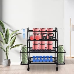 Dumbbell Stand with Three Tiers and Storage Baskets, Steel Construction, 360° Swivel Wheels with Brakes, Ideal for Organizing