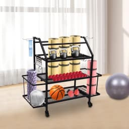 Dumbbell Stand with Three Tiers and Storage Baskets, Steel Construction, 360° Swivel Wheels with Brakes, Ideal for Organizing