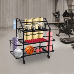 Dumbbell Stand with Three Tiers and Storage Baskets, Steel Construction, 360° Swivel Wheels with Brakes, Ideal for Organizing