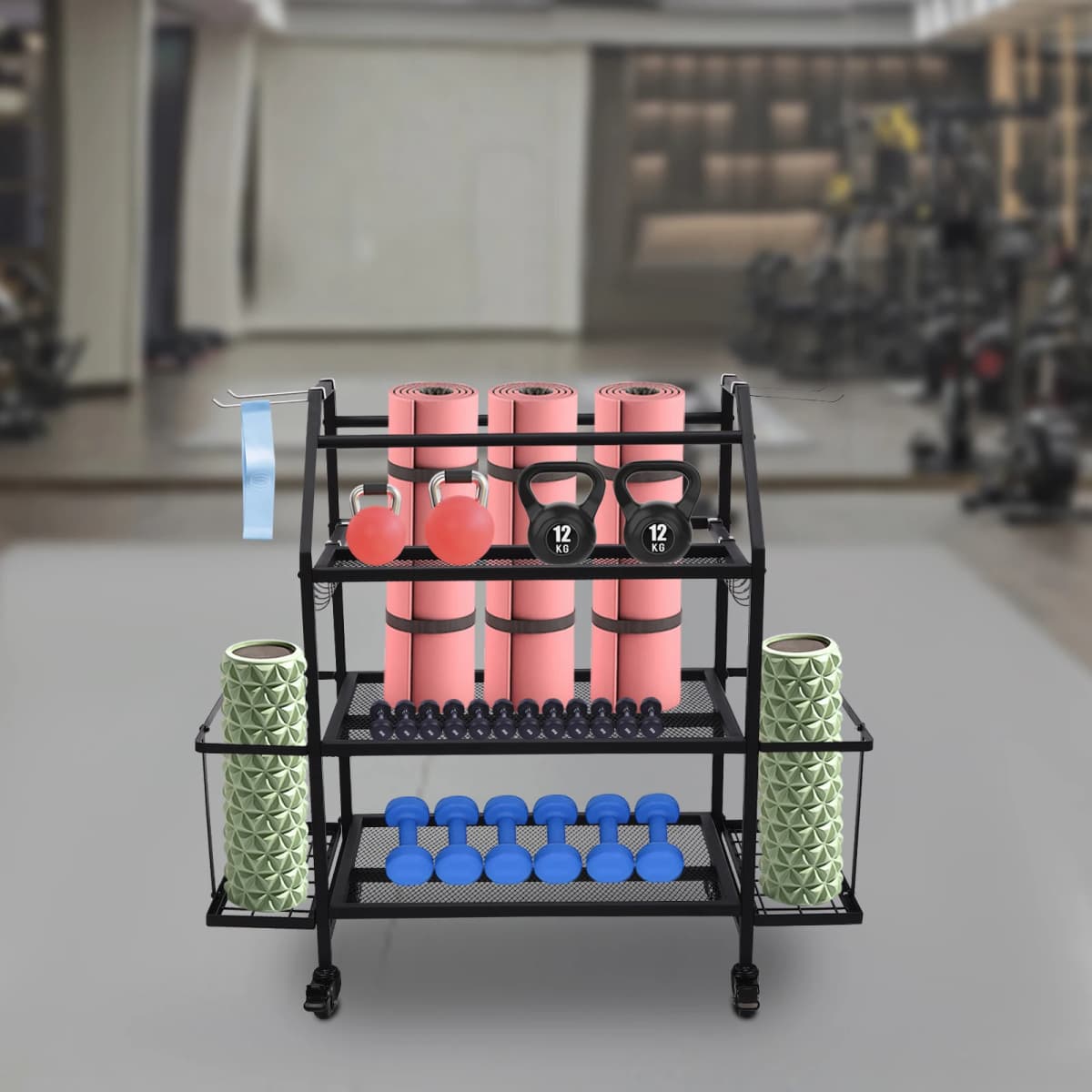 Dumbbell Stand with Three Tiers and Storage Baskets, Steel Construction, 360° Swivel Wheels with Brakes, Ideal for Organizing