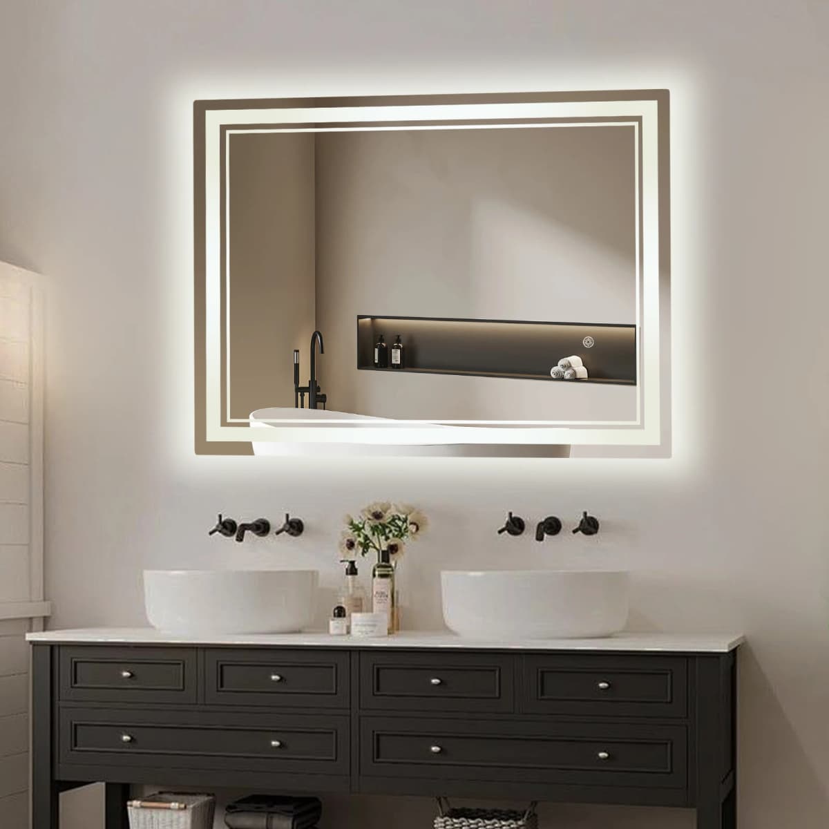 LED Bathroom Mirror, 60x80cm Wall-Mounted Bathroom Mirror, Dimmable Rectangular Makeup Mirror Lighted Bathroom Mirror
