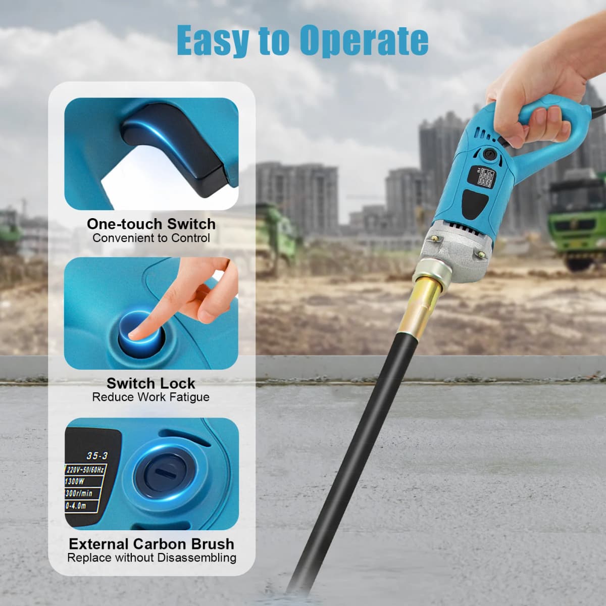 1300W Electric Concrete Vibrator 4000RPM High Power Portable Cement Mixing Tool with All-Copper Motor, 1.5m Rod, 220V for Construction Site Use