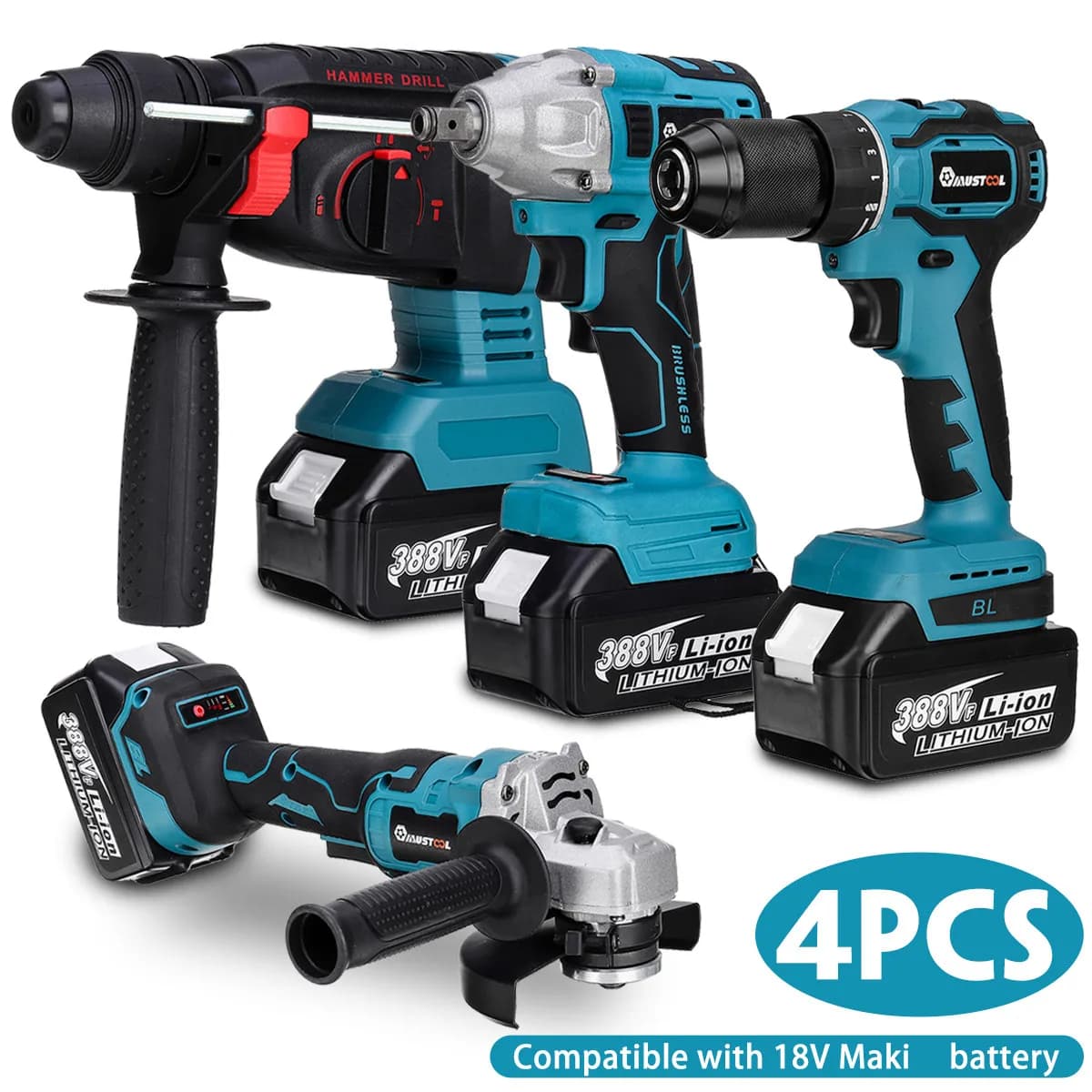 Drillpro 4 in 1 Electric Power Tools Set 800N.M Electric Wrench Rotary Hammer 13mm Power Drill 125mm Angle Grinder For Battery
