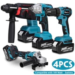 Drillpro 4 in 1 Electric Power Tools Set 800N.M Electric Wrench Rotary Hammer 13mm Power Drill 125mm Angle Grinder For Battery