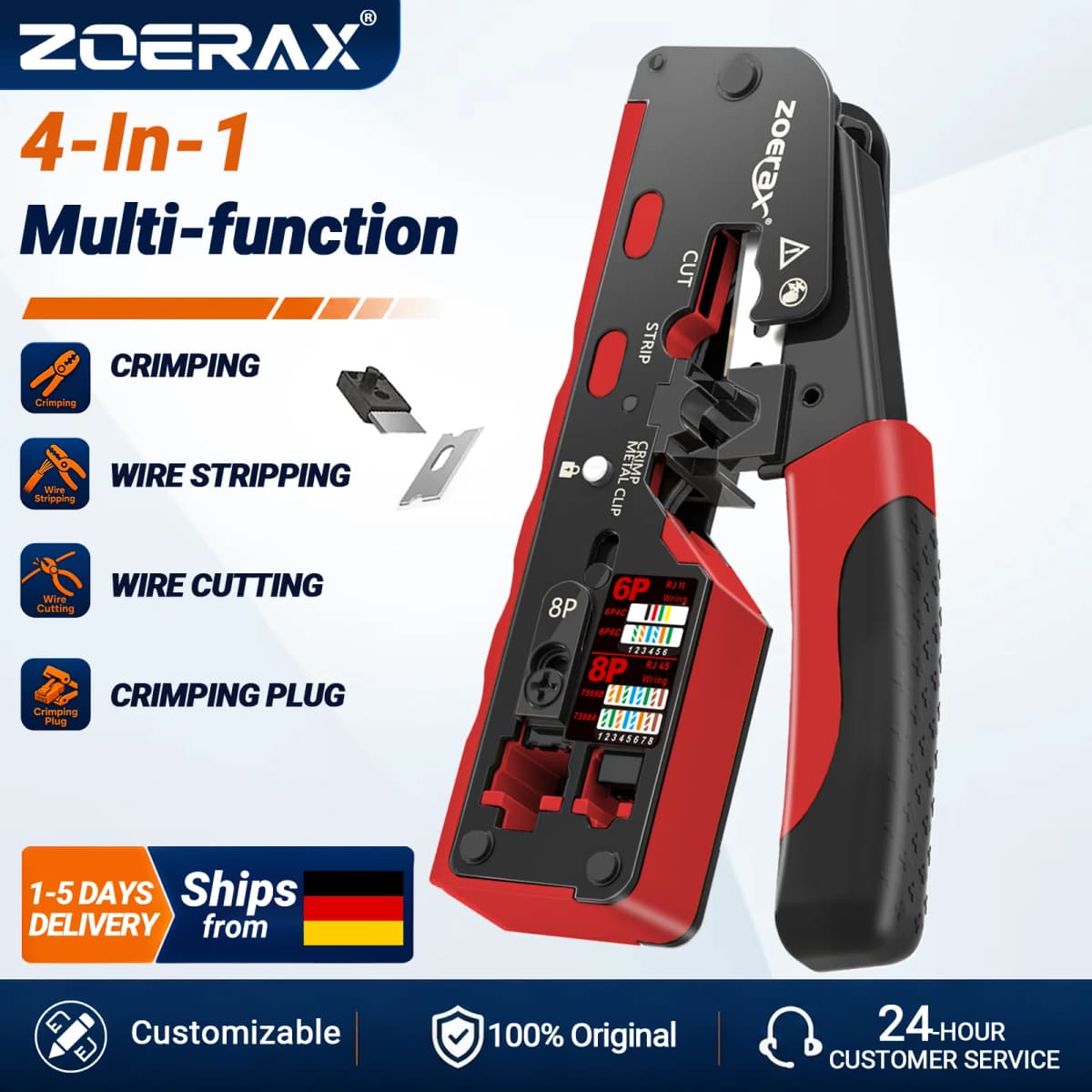 ZoeRax RJ45 Crimp Tool for Cat7 Cat6a Cat6 Cat5e Ethernet Connectors with wire stripping,cutting functions and Blade