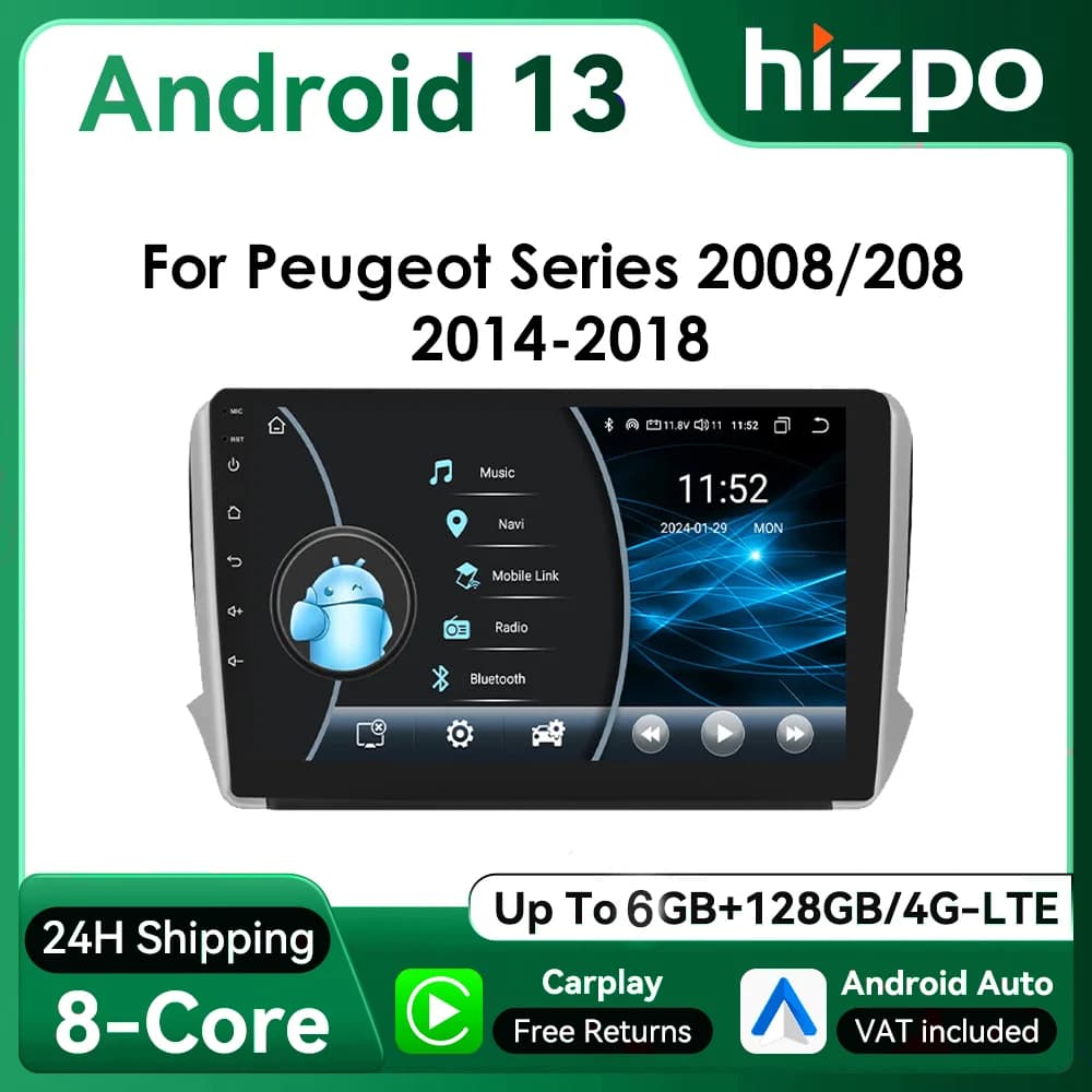 Hizpo 2Din 10.1inch Android Auto Car Radio for Peugeot 208 2008 2014 - 2018 BT 4G SWC GPS Navigation RDS DSP UIS8581 Headunit