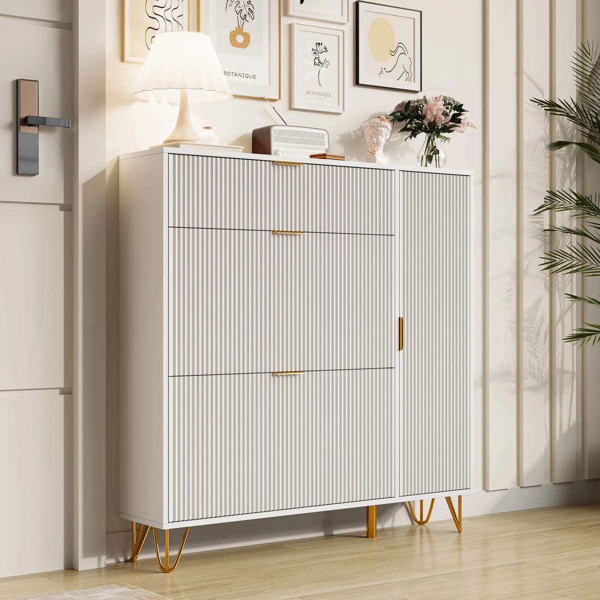 Rosahqnda shoe storage with 2 folding drawers, a top shelf and a side shelf for boots