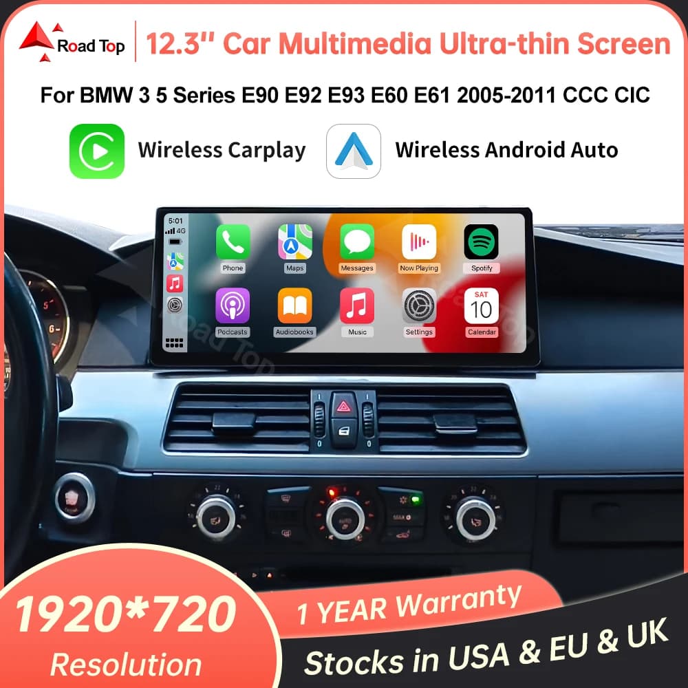 12.3'' Ultra-thin Screen Car Multimedia Display For BMW 3 Series E90 E91 E92 E93 5 Series E60 E61 Wireless CarPlay Android Auto