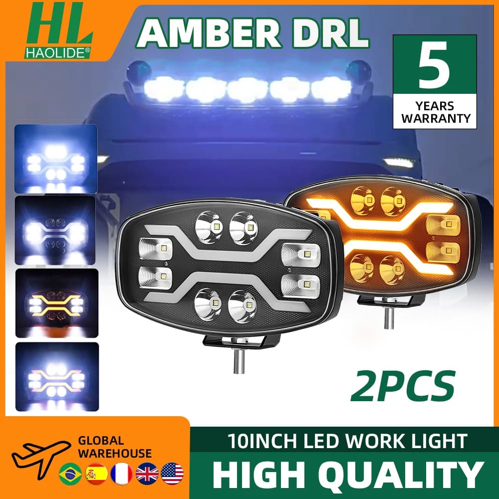 HAOLIDE 10 " LED Work Light Off road Headlight Welcome Spotlight Truck Auxiliary Square Car Driving DRL White Yellow Fog Lamps